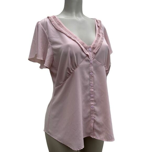 Spense Blouse Women's XL Pink Button Front Accordion Pleat Trim Flutter Sleeve - Picture 3 of 11